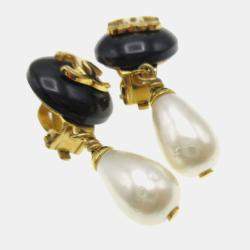 مملوكة مسبقًا Chanel Artificial Pearl Dangle Earrings Clip-On Black
