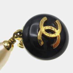 Pre Owned Chanel Artificial Pearl Dangle Earrings Clip-On Black