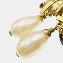 Pre Owned Chanel Artificial Pearl Dangle Earrings Clip-On Black
