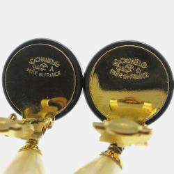 Pre Owned Chanel Artificial Pearl Dangle Earrings Clip-On Black