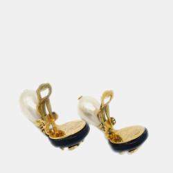 Pre Owned Chanel Artificial Pearl Dangle Earrings Clip-On Gold