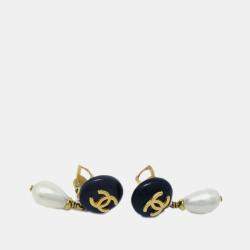 Pre Owned Chanel Artificial Pearl Dangle Earrings Clip-On Gold