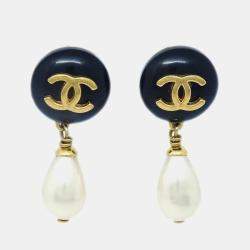 Pre Owned Chanel Artificial Pearl Dangle Earrings Clip-On Gold