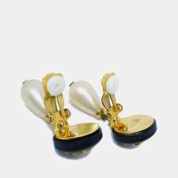 Pre Owned Chanel Artificial Pearl Dangle Earrings Clip-On Black