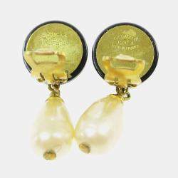 Pre Owned Chanel Artificial Pearl Dangle Earrings Clip-On Black White