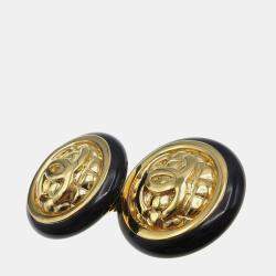 مملوكة مسبقًا Chanel Button Earrings Clip-On Black Gold