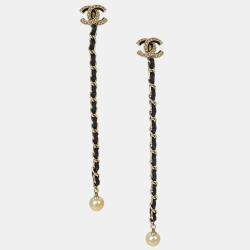 Pre Owned Chanel Dangle Piercing Earrings Artificial Pearl Gold Black