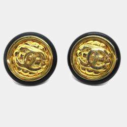 Pre Owned Chanel Button Earrings Clip-On Gold Black