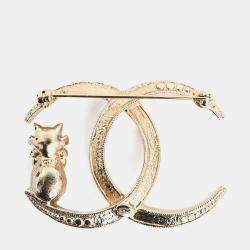 Pre Owned بروش شانيل على شكل قطة مزين بالكريستال واللؤلؤ المعدني الذهبي اللون CC