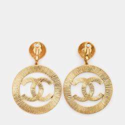Pre Owned Chanel 1994 Gold Plated CC Dangle 'Sunburst' Clip On Earrings
