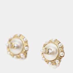 Pre Owned Chanel Gold Tone Faux Pearl CC Logo Stud Earrings