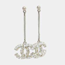 مملوكة مسبقًا Chanel 2017 Silver Tone Crystal Embellished Drop CC Earrings