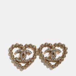 Pre Owned Chanel 2025 Silver Toned Crystal Heart CC Stud Earrings