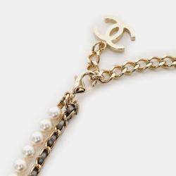 Pre Owned عقد شنيل 2023 مطلي بالذهب لؤلؤ صناعي مزدوج السلسلة CC كريستال