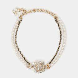 Pre Owned عقد شنيل 2023 مطلي بالذهب لؤلؤ صناعي مزدوج السلسلة CC كريستال