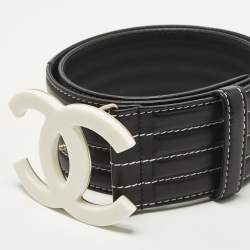 Pre Owned حزام شانيل جلد أسود إبزيم CC عريض للخصر 90 سم
