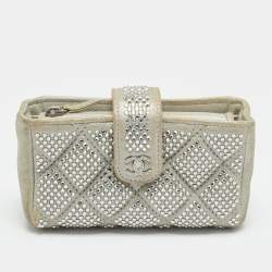 مملوكة مسبقًا Chanel O-Phone Holder Crystal Embellished Silver Quilted Suede