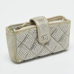مملوكة مسبقًا Chanel O-Phone Holder Crystal Embellished Silver Quilted Suede