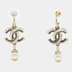 Pre Owned Chanel CC Crystals Faux Pearl Gold Tone Earrings