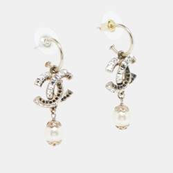 مملوكة مسبقًا Chanel CC Crystals Faux Pearl Gold Tone Earrings