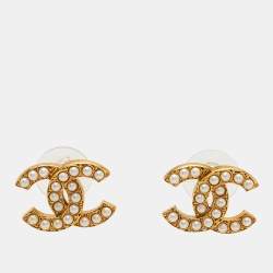 Pre Owned Chanel  CC Faux Pearl Gold Tone Earrings