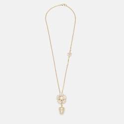 مملوكة مسبقًا Chanel Flower Pot Crystal Faux Pearl Gold Tone Pendant Necklace