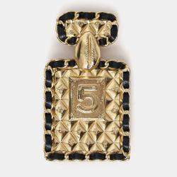 Pre Owned Chanel B23 Gold Tone Leather Interlaced No.5 Perfume Bottle Brooch