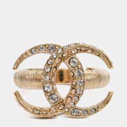 Pre Owned Chanel 2015 Champagne Gold Toned CC Crystal Ring