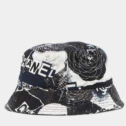Pre Owned Chanel Camellia Bucket Hat Size M Black/White Cotton 100%