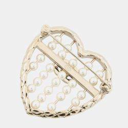 Pre Owned Chanel Heart Brooch Gold Gold Plated Faux Pearl Rhinestone