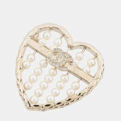 Pre Owned Chanel Heart Brooch Gold Gold Plated Faux Pearl Rhinestone