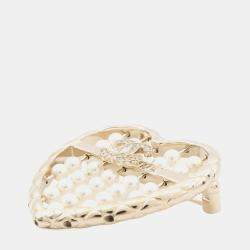 Pre Owned Chanel Heart Brooch Gold Gold Plated Faux Pearl Rhinestone