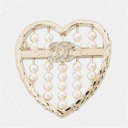 مملوكة مسبقًا Chanel Heart Brooch Gold Gold Plated Faux Pearl Rhinestone