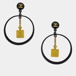 Pre Owned Chanel Gold Black Hoop Dangle Perfume Bottle Earrings Clip-On