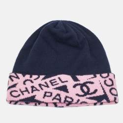 Pre Owned Chanel Navy Blue/Pink CC Intarsia Cashmere Beanie