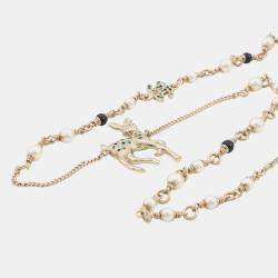 Pre Owned Chanel Cc Logo Bambi Motif Long Necklace Gold Plated Rhinestone Faux Pearl