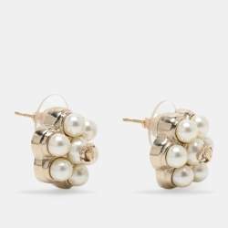 Pre Owned Chanel Gold Tone Metal Faux Pearl CC Flower Stud Earrings