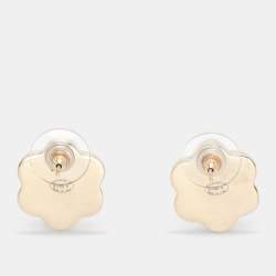 Pre Owned Chanel Gold Tone Metal Faux Pearl CC Flower Stud Earrings