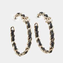 Pre Owned Chanel CC Leather Gold Tone Earrings