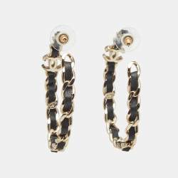 Pre Owned Chanel CC Leather Gold Tone Earrings