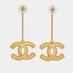 Pre Owned Chanel CC Textured Gold Tone Long Drop Earrings