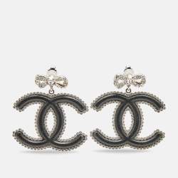Pre Owned Chanel CC Black Leather Crystals Silver Tone Dangle Earrings