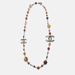 Pre Owned Chanel CC Faux Pearl Beads Enamel Gold Tone Long Necklace