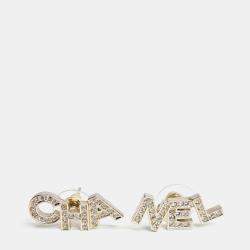 Pre Owned Chanel Logo Letter Studs Gold Crystals Earrings