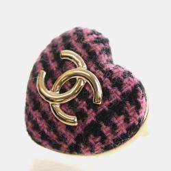 Pre Owned Chanel CC Heart Pink Black Tweed Gold Tone Metal Women's Brooch