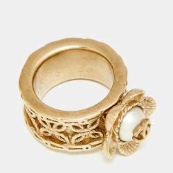 Pre Owned Chanel Coco Mark Flower Faux Pearl Gold Tone Wide Band Ring Size 51