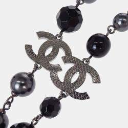 Pre Owned Chanel CC A14V Silver Tone Metal Faux Black Pearl Bead Long Women's Necklace