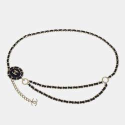 Pre Owned Chanel Interwoven Chain Link Medallion CC Gold Tone Metal Black Leather Belt