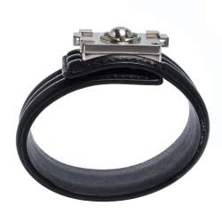 Pre Owned Chanel Black Leather Silver Tone Boy Bracelet M