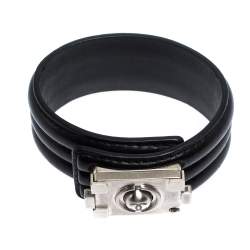 Pre Owned Chanel Black Leather Silver Tone Boy Bracelet M